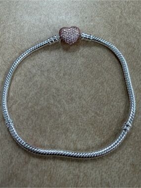 Pandora Silver Snake Bracelet with Rose Gold Pave Heart 7.75 inches new no box